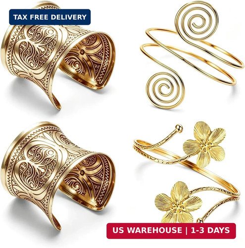 4Pcs Arm Cuff Bracelets for Women Gold Silver Cuff Bangle | Vintage Wide Cosplay