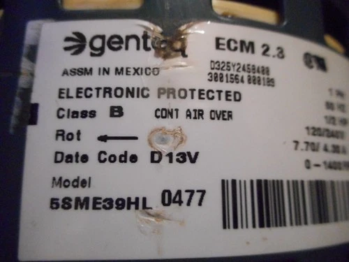 GENTEQ  ECM 2.3 MOTORS HD44AE132 / 5SME39HL0477 1/2 HP  120/240 V Dated 04/24/13