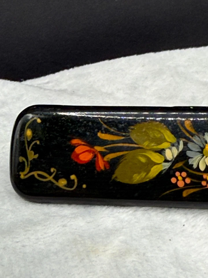 Grampo de cabelo vintage russo pintado à mão flores preto - Imagem 2 de 4