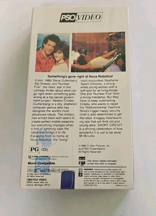 Short Circuit VHS SEALED Watermarks CBS Fox Steve Guttenberg VTG  - Image 2 of 4