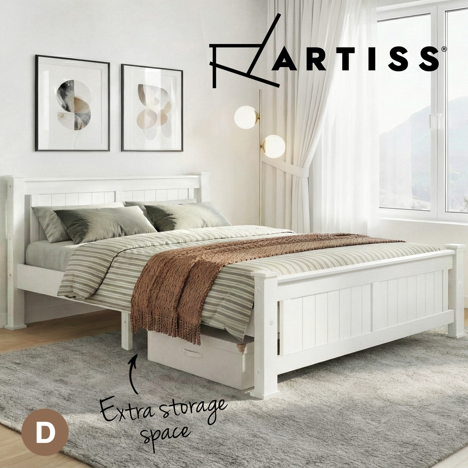 ArtissBedFrameDoubleSizeWoodenBaseMattressPlatformTimberWhiteRIO