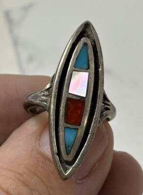 Lovey Vintage Native American Sterling  Inlay Ring Sz 6.5 Signed W/ RD And Image