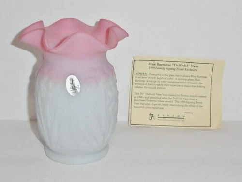 Fenton Blue Burmese Daffodil Vase 1999 Family Signing Event