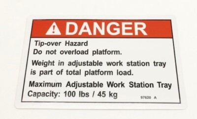 97620 / 97620GT OEM GENIE DECAL DANGER MAX CAP ADJ TRAY