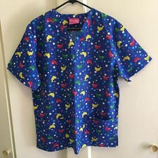 Hub-A-Dub Scrubs Sz. L Womens Scrub Top DOLPHINS POLKA DOTS Blend Dk. Blue EUC
