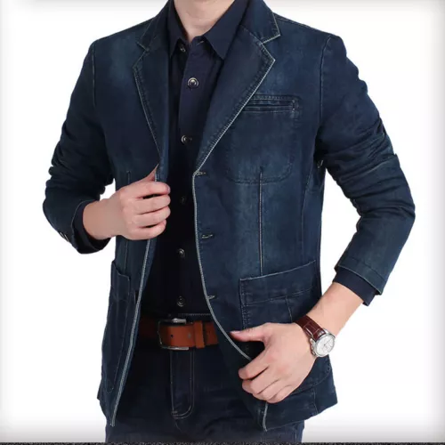 TOPS SPRING MEN'S SLIM SUITS JACKET CASUAL FASION COAT JEANS DENIM - Picture 1 of 27