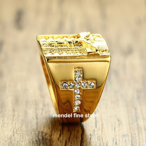 Alternate view of Mendel Mens Gold Plated Jesus Cross Crucifix Ring Size 8-15