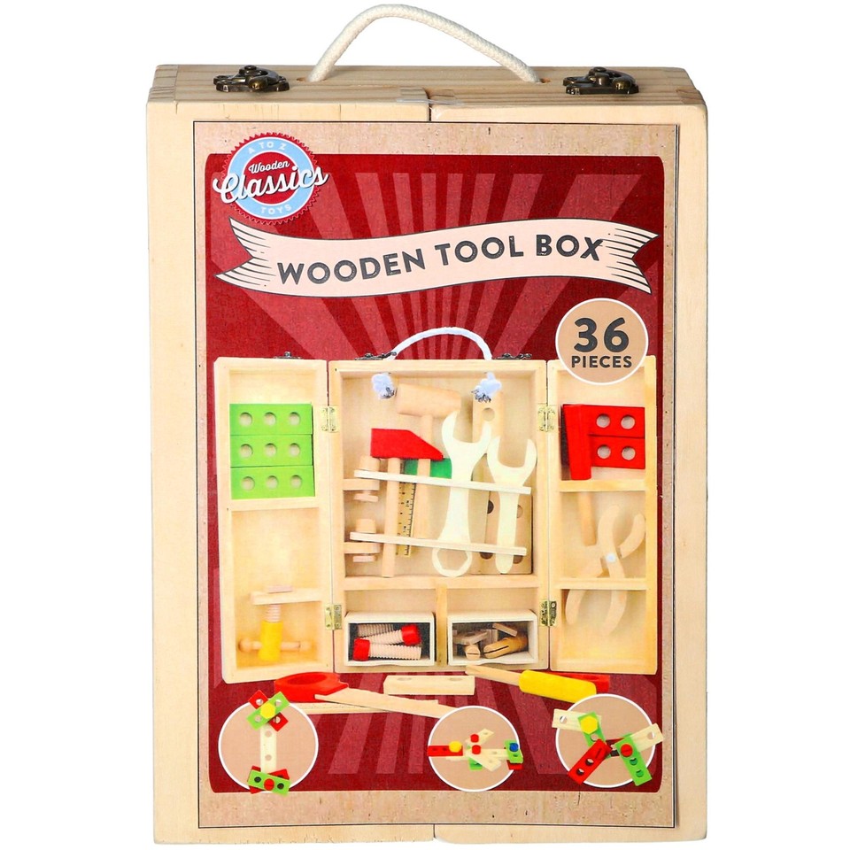 Childrens Wooden Tool Box 36 pc My First Tool Set Toddler Kids Wooden ...