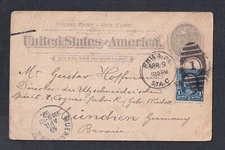 USA 1896 1C UPRATED 1C POSTAL STATIONERY CARD PHILADELPHIA PA TO GERMANY