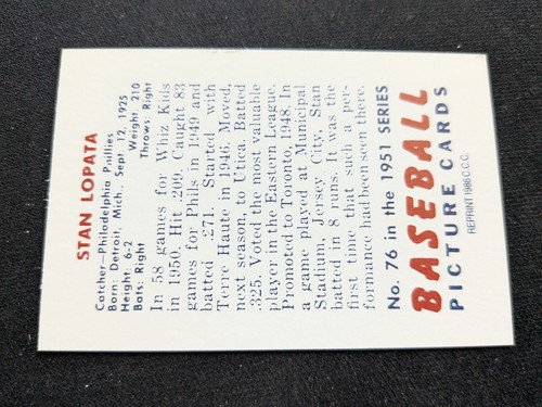Tarjeta de béisbol 1951 reimpresión Bowman # 76 Stan Lopata - Philadelphia Phillies (nuevo) - Imagen 2 de 3