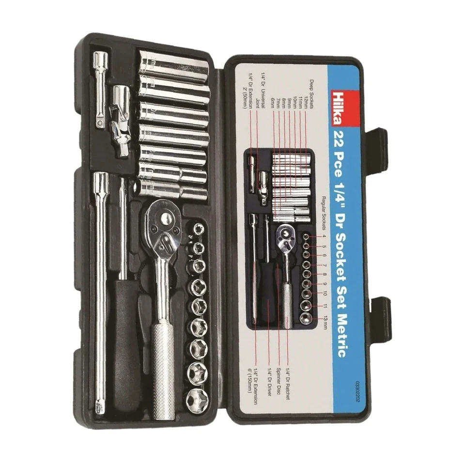 1/4" Drive Socket Set Metric 22 PC Kit Ratchet Deep Sockets Extensions - HILKA - Image 4 of 4
