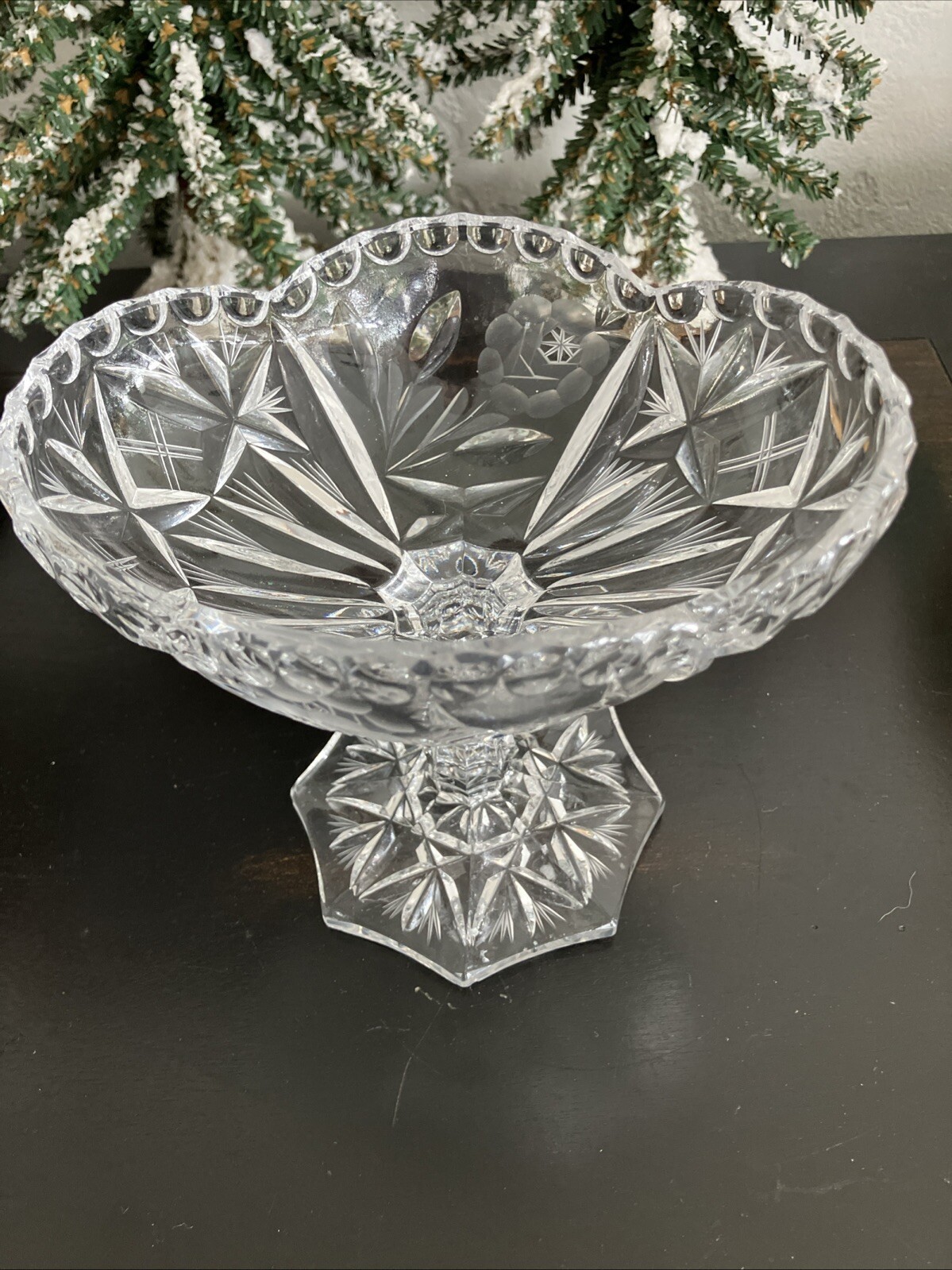 Vintage Cut Glass Footed Oval Candy Dish or Bowl 5 3/8 Inches High