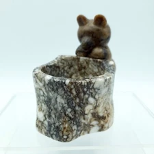 Trinket Dish Russian Bear Natural stone Tree Stump Soapstone Bear Carving H3.25"