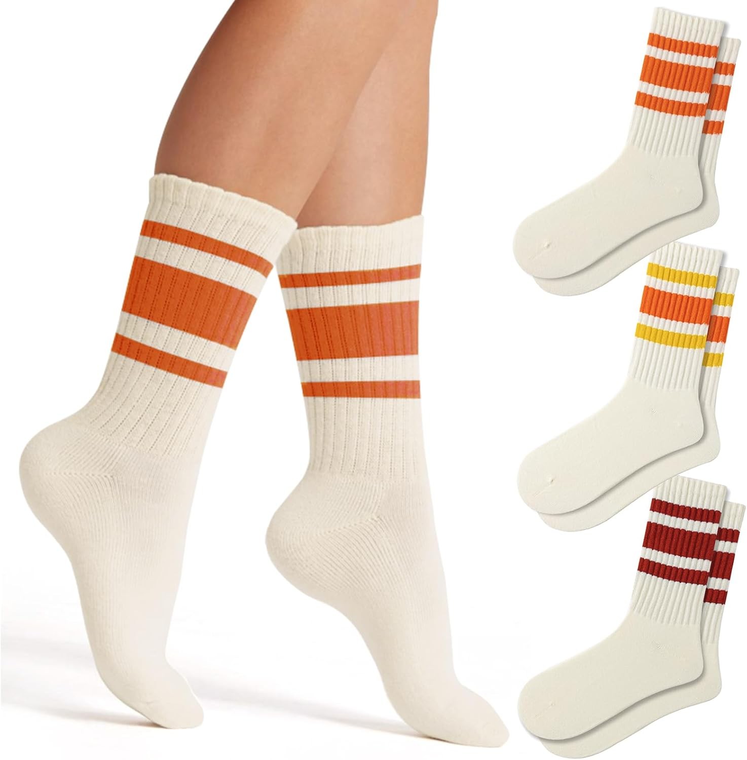 Retro Striped Crew Socks - Sporty, Casual, Cotton Tube Socks 