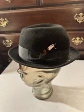Vintage 1950's Stratford Hall Fedora Hat Black Wool Feather Band