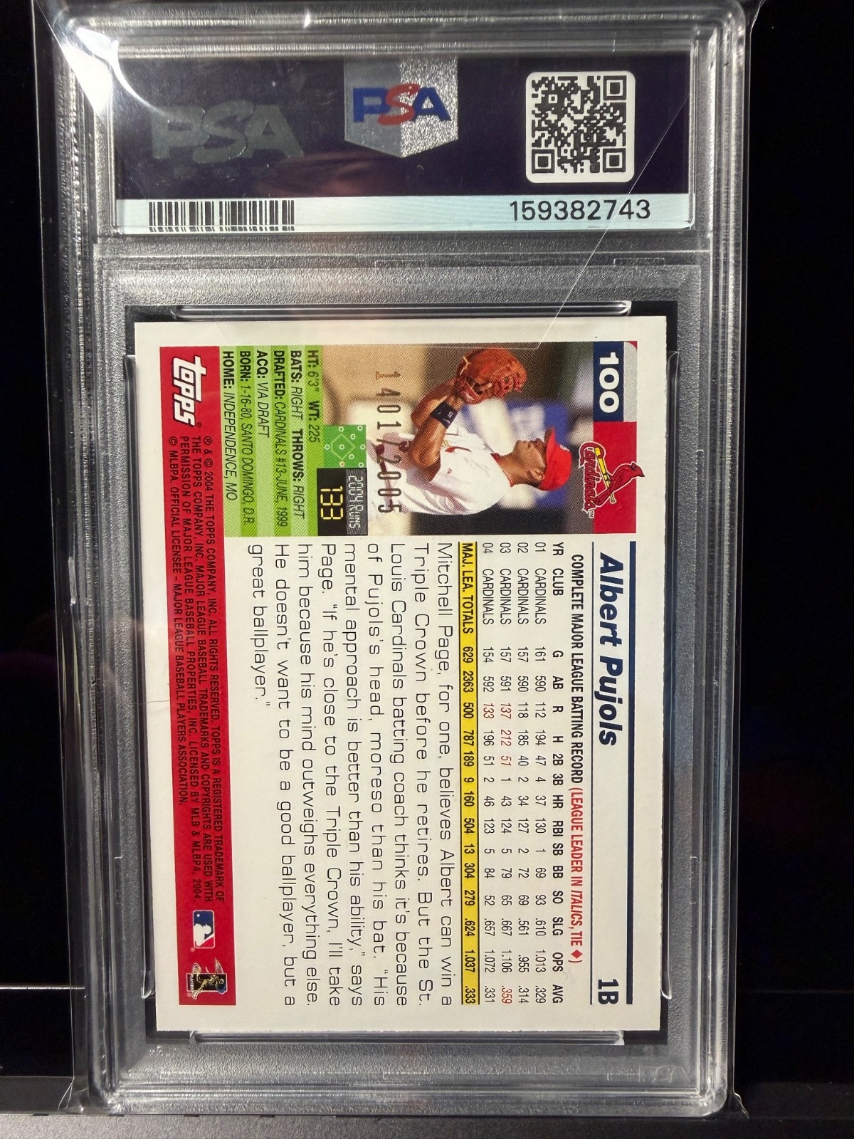 2005 Topps Albert Pujols #100 Gold - #'d/2005 PSA 9 - LOW POP 19 Cardinals view 2