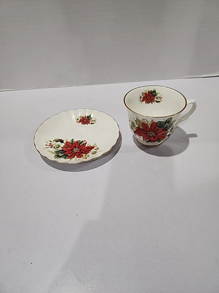 Crown Trent Bone China Limited Red Poinsettia Teacup & Saucer Christmas Holiday  - Image 3 of 4