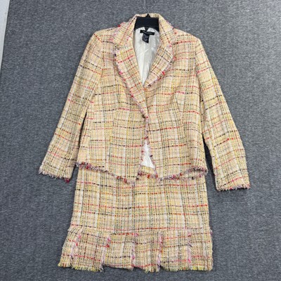 SILKLAND Skirt Suit Set Size M 10 Pink Multi Pastel Silk Blend Fringe Tweed