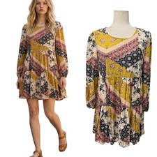 Womens M Mini Boho Long Sleeve Multicolor Floral Patchwork Babydoll Tier Feminin