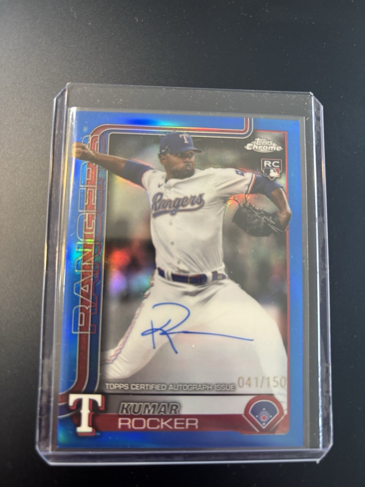 Kumar Rocker 2025 Topps Chrome Rookie Blue Refractor Auto /150 Texas Rangers