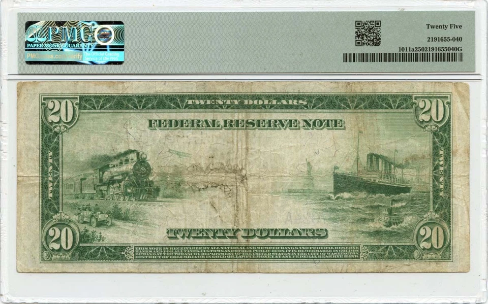 1914 $20 Federal Reserve Note San Francisco FR#1011a PMG VF25 - Image 2 of 2