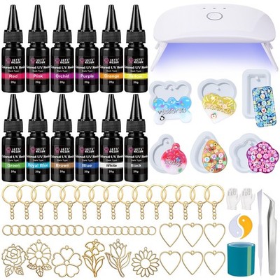 All-Inclusive Keychain Making Kit, 12-Color UV Resin with Keychain Molds Sili...