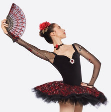 Black Red Spanish Ballet Dance Costume Child Large Tutu Leotard Fans Hair Clip