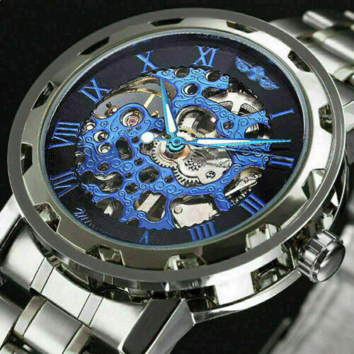 Mens Mechanical Watches Steel Skeleton Hand Wind Up Auto Automatic Wrist Watch - Picture 15 of 22