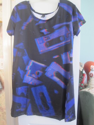 BASF cassette tapes women's XL graphic knit top blue 
