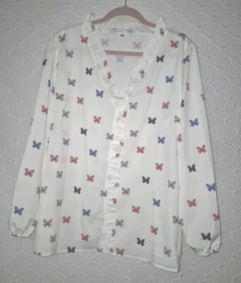 Womens Blouse Unbranded 3XL White Silk Feel With Colorful Butterflies EUC