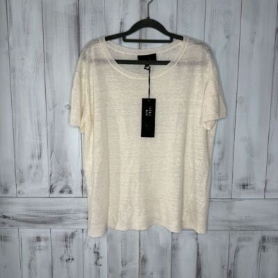 NWT NILI LOTAN IVORY CREAM LIGHTWEIGHT 100% LINEN SHORT SLEEVE IRVING SWEATER M