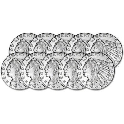 TEN (10) 1 oz. Golden State Mint Silver Round Incuse Indian .999 Fine