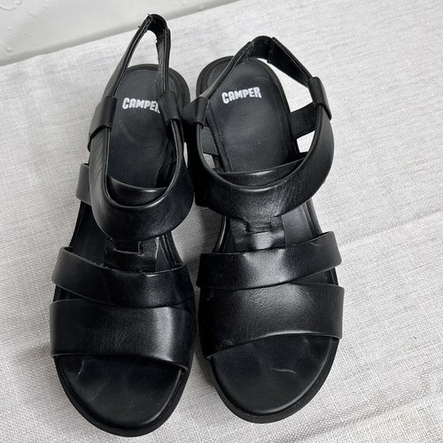 Camper Womens Damas Wedge Leather Sandal 37 US 7 Black Slingback Strappy - Picture 3 of 8