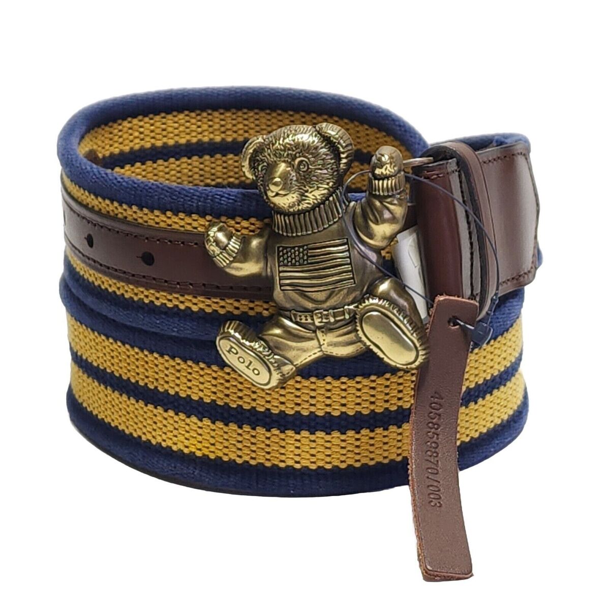 【未使用】Ralph Lauren ベルト made in USA New POLO Ralph Lauren BIG Bear Logo Striped Nickel Buckle