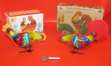 2 Vintage Wind Up Mechanical Birds Feeding Chicken w/ Box Tin Litho Belarus Toy