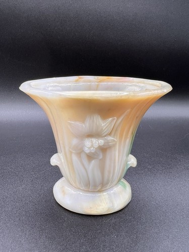 Vintage Akro Agate Slag Glass Orange/Green/Cream Flower Vase Embossed Daffodil - Picture 4 of 10