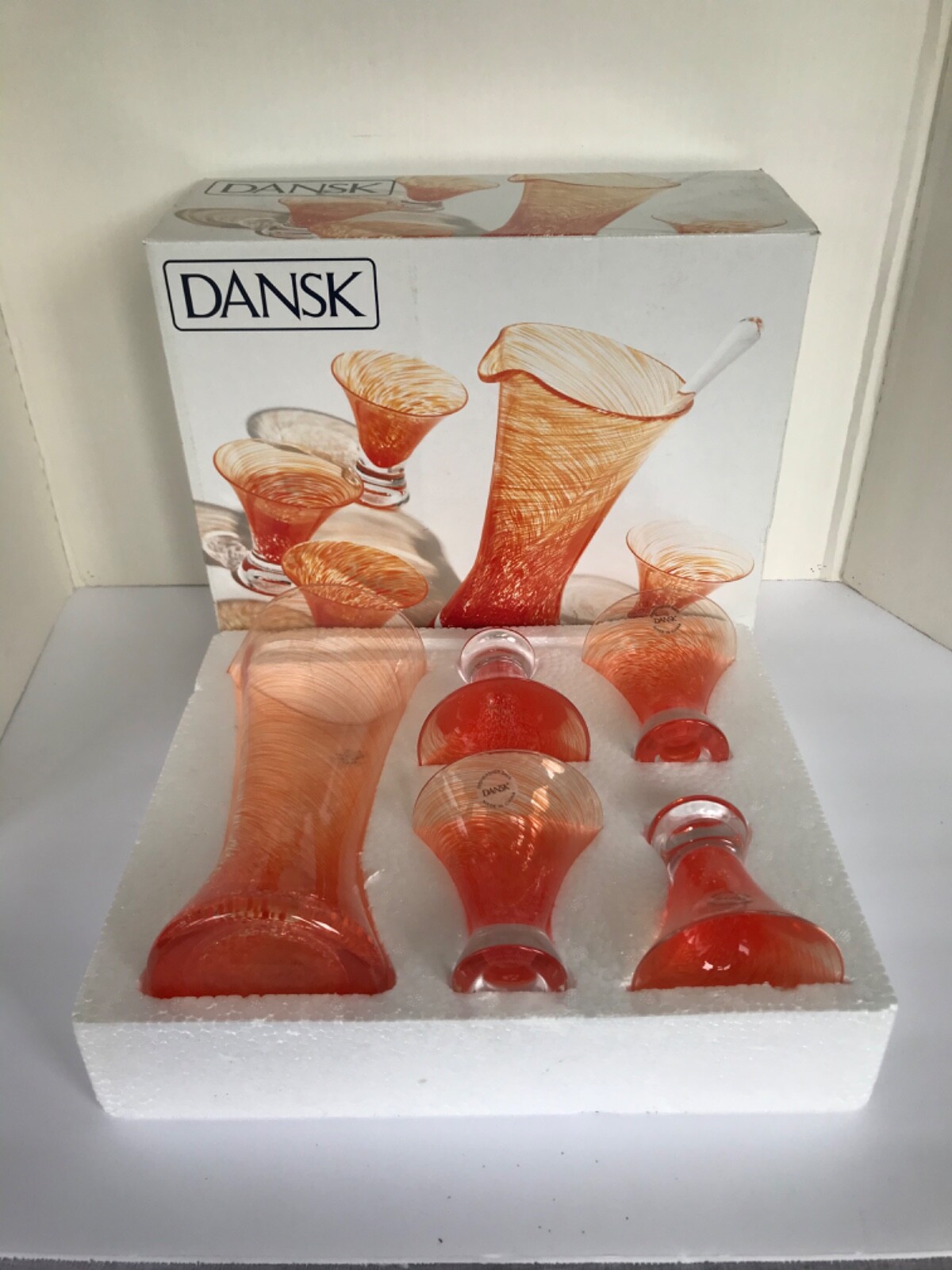 Dansk Bright Orange Twist Pitcher Cocktail Glasses &11"Stirrer Drink