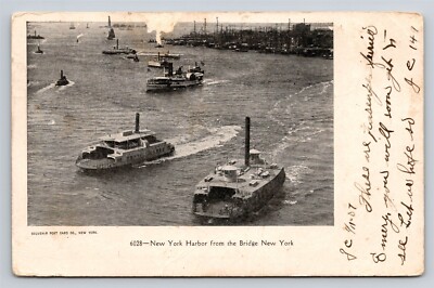 1900s Passenger Ferry Boat New York Harbor from the Bridge NY City Old Postcard