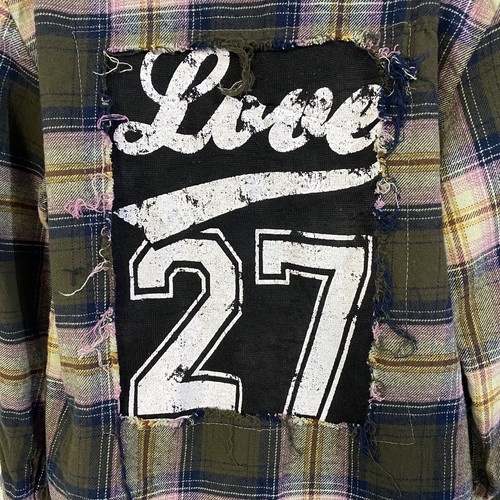 Upcycled Flannel Shirt Girls Size 8 Love Green Plaid Country Grunge Camp Chic - Picture 4 of 12