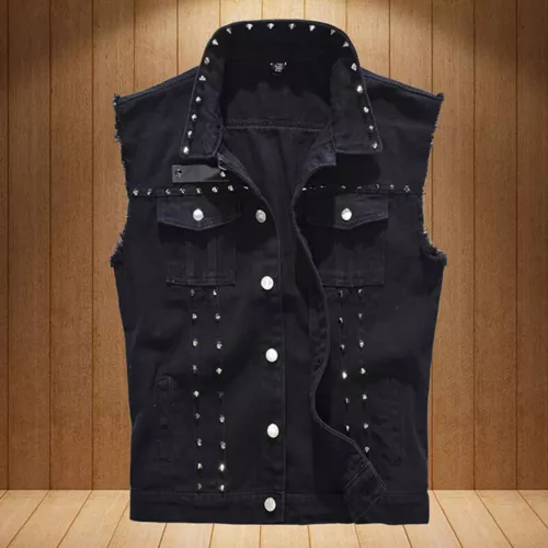 Studded Denim Gilet Sleeveless Biker Jacket Waistcoat Punk Casual Jeans Vest - Picture 8 of 19