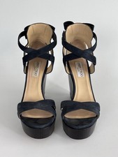 Jimmy Choo Navy Suede Crossover Strap Wood Pl...