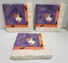 Lot of 3 Forget Me Not Halloween Pumpkin Ghost Black Cat Luncheon Napkins NOS