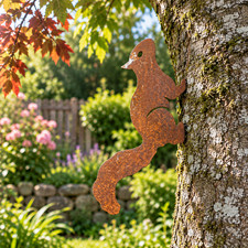 Rusty Red Squirrel Metal Silhouette Garden Wall Fence Topper Art Ornament Steel