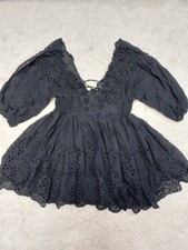 Free People FP Women's One Lottie Eyelet Lace Black Mini Dress Boho Casual L