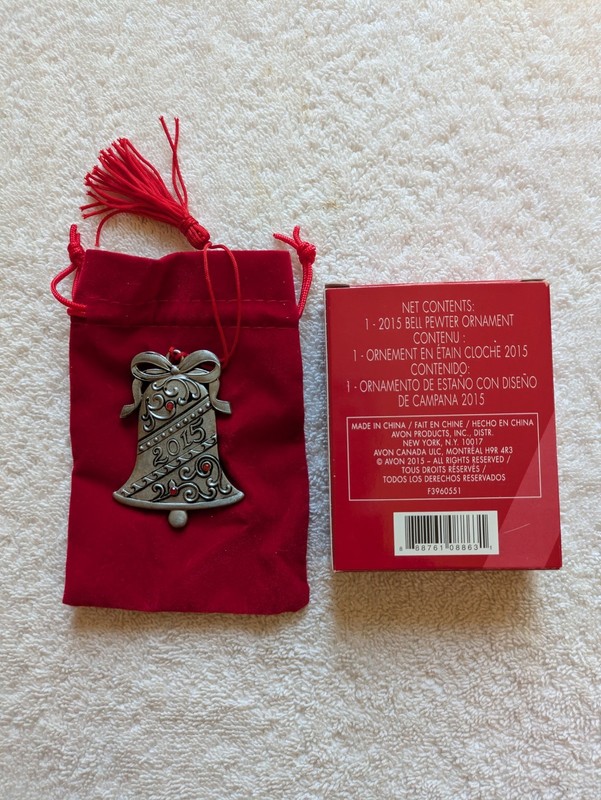 2015 Avon Pewter Christmas Bell Ornament - EX Condition W/Box & Red Velvet Bag