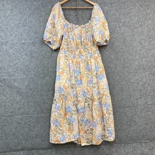 French Connection Linen Dress Womens 16 Floral Midi Elastic Waist Coastal 10434