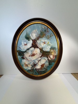 Vintage Ruth Basler Burr Floral Oil Painting 16x20 Oval Framed Art