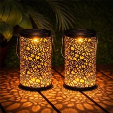2 Pack Solar Moroccan Warm White LED Metal Hanging Outdoor Garden Lantern Set