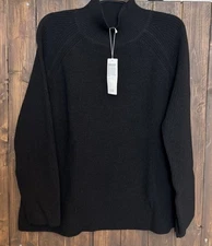Eileen Fisher L Black Turtle Neck Raglan Top Sweater Extra Fine Merino Wool $258