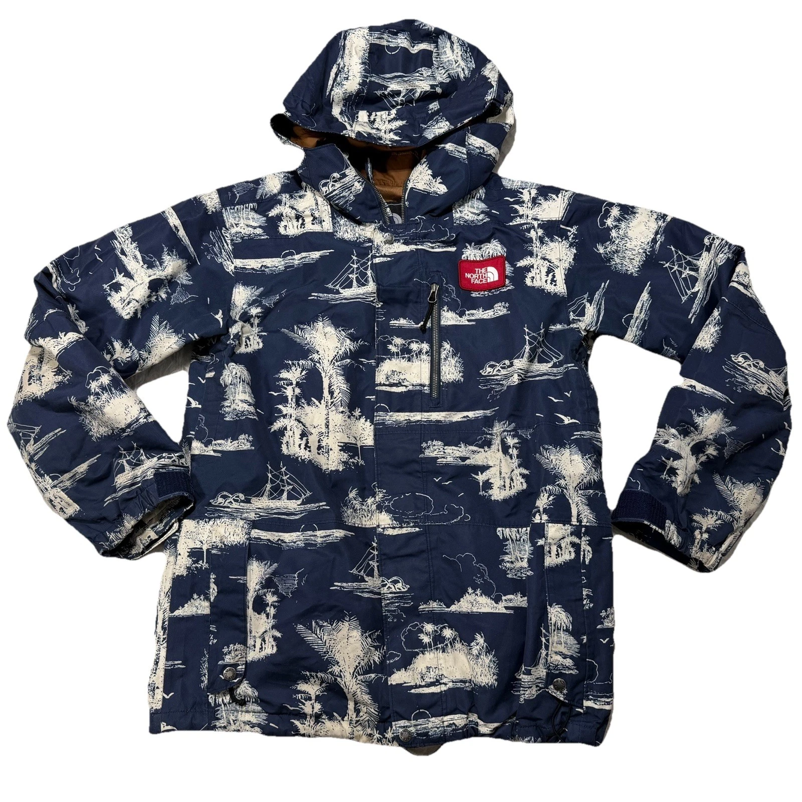 The North Face Hooded Parka Jacket Mens Size Medium Print Blue Snow Sailing M4